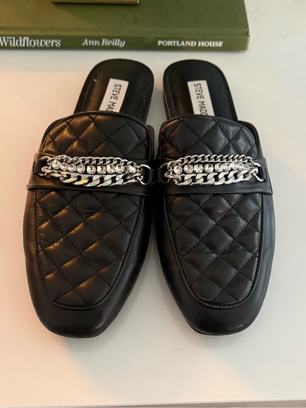 Steve Madden Black Quilted Slip-On Loafers with Silver Chain